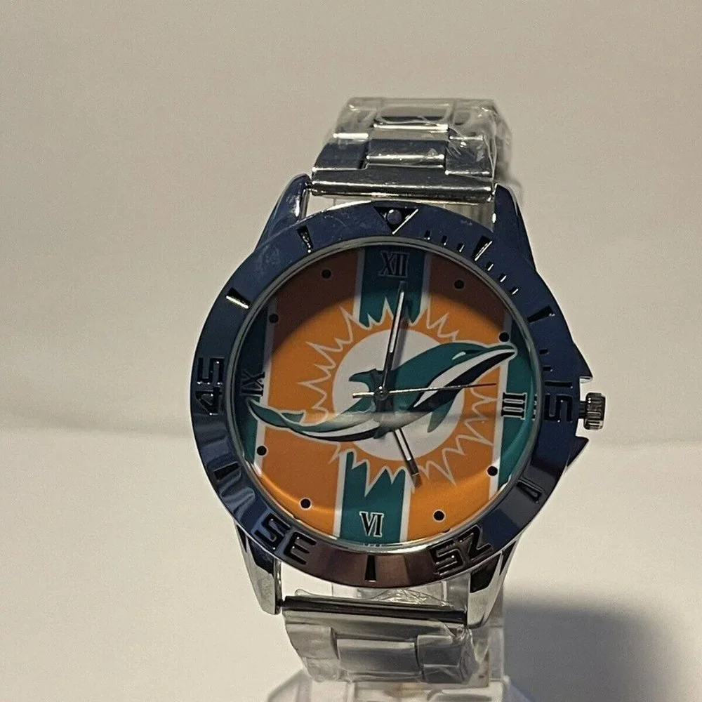 MIAMI DOLPHINS NFL Team Logo Men's Stainless-Steel Watch NEW - needs battery